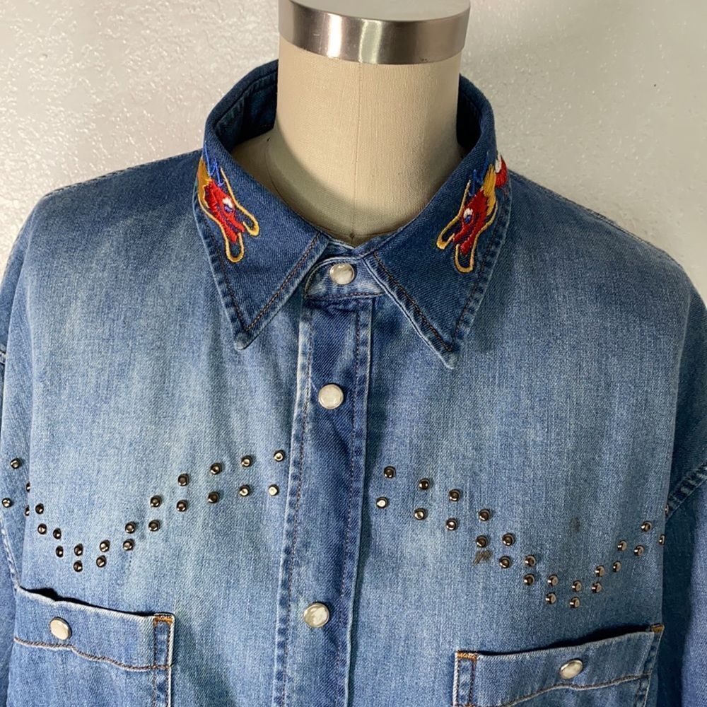 Vintage Just Cavalli blue denim jean studded dragon shirt XL